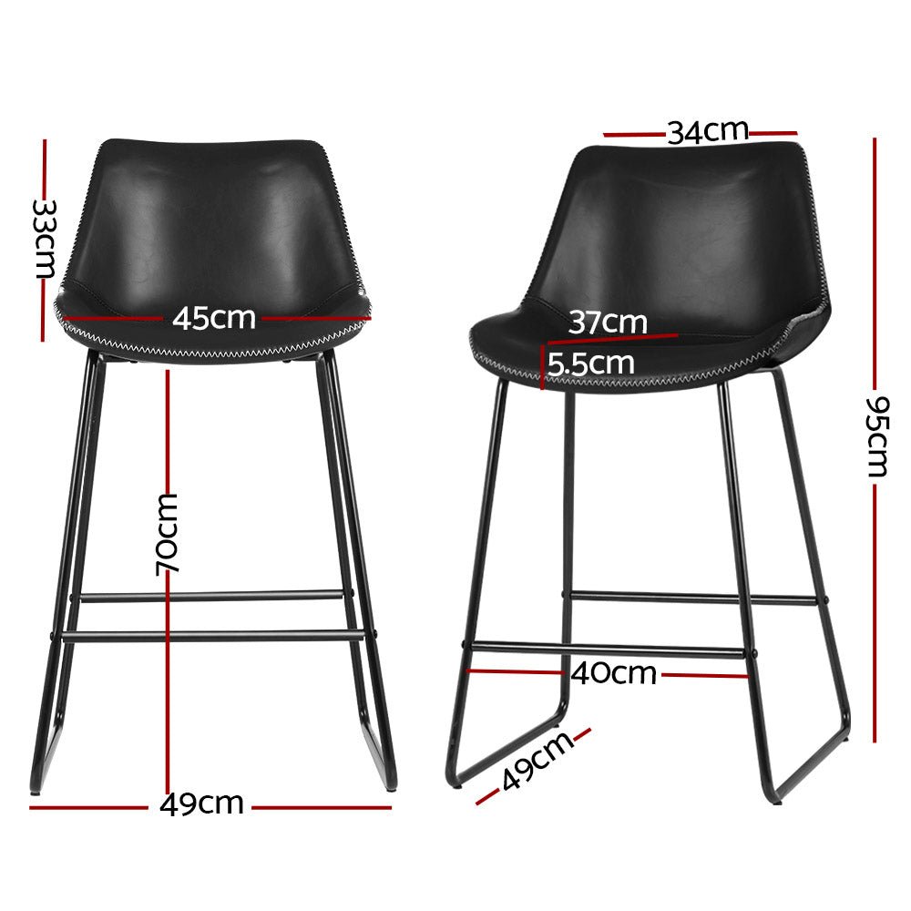 Black metal and PU leather bar stools with feature stitching with dimensions