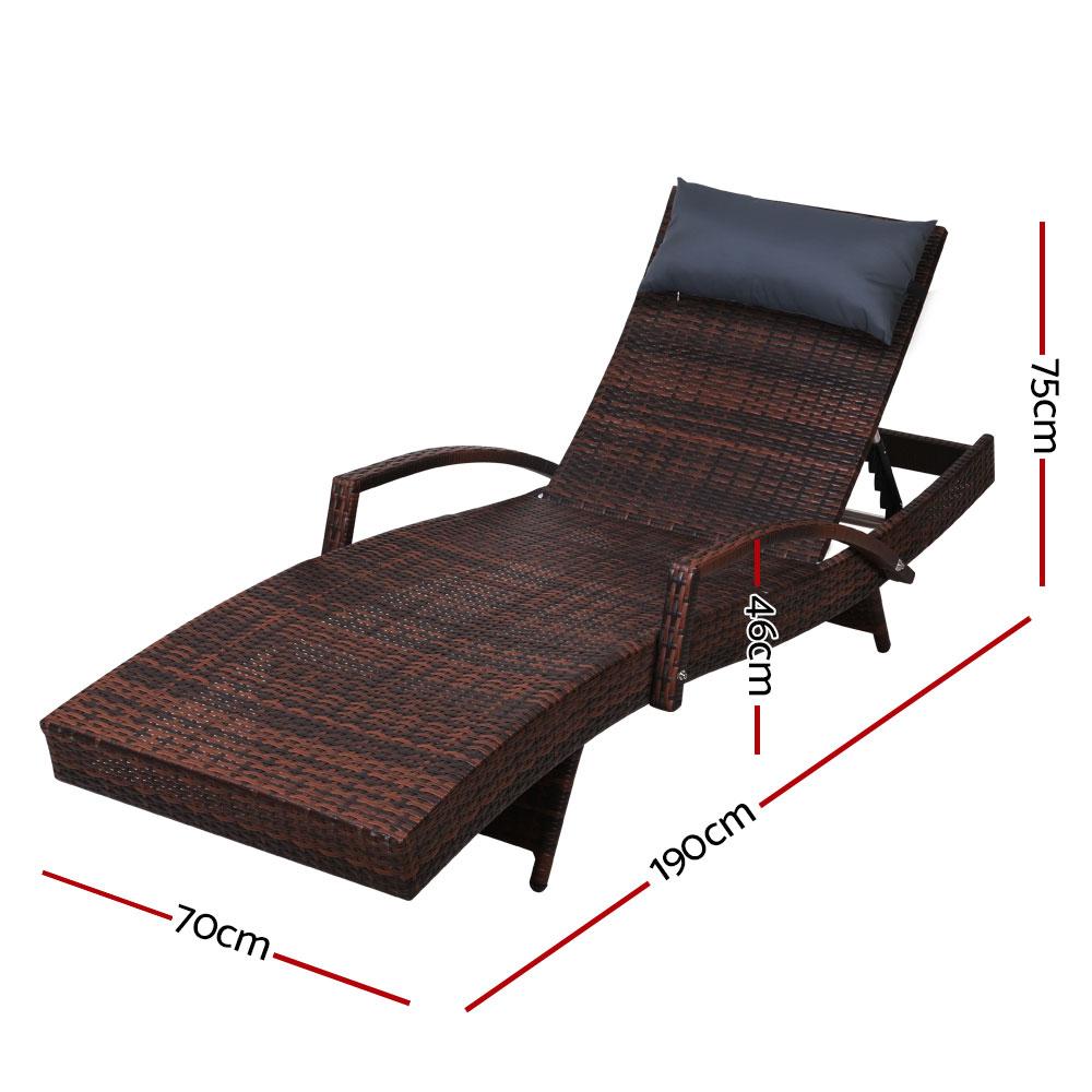 Brown adjustable wicker sun lounge with all-weather pillow showing dimensions