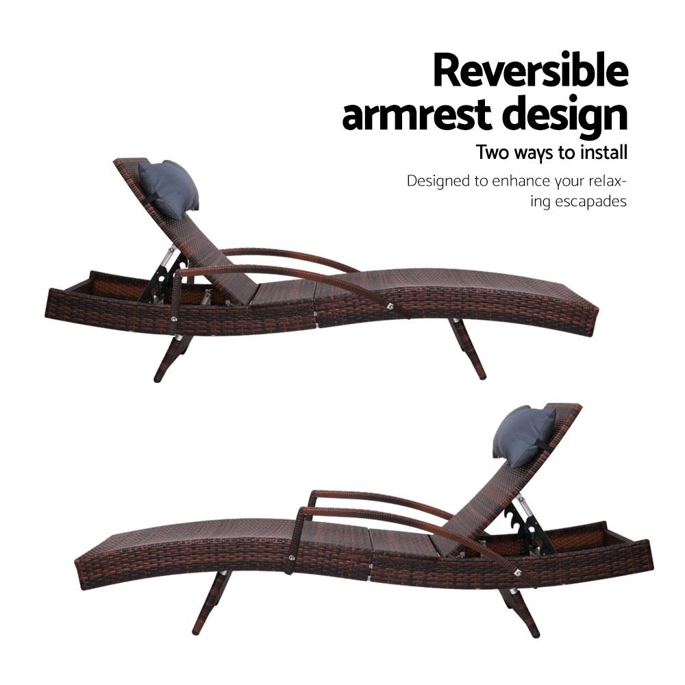 Brown adjustable wicker sun lounges with all-weather pillows with notations