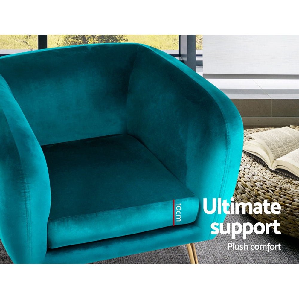 Teal green velvet vintage inspired tub chair with golden legs