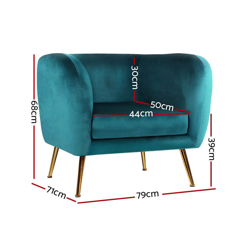 Teal green velvet vintage inspired tub chair with golden legs with dimensions