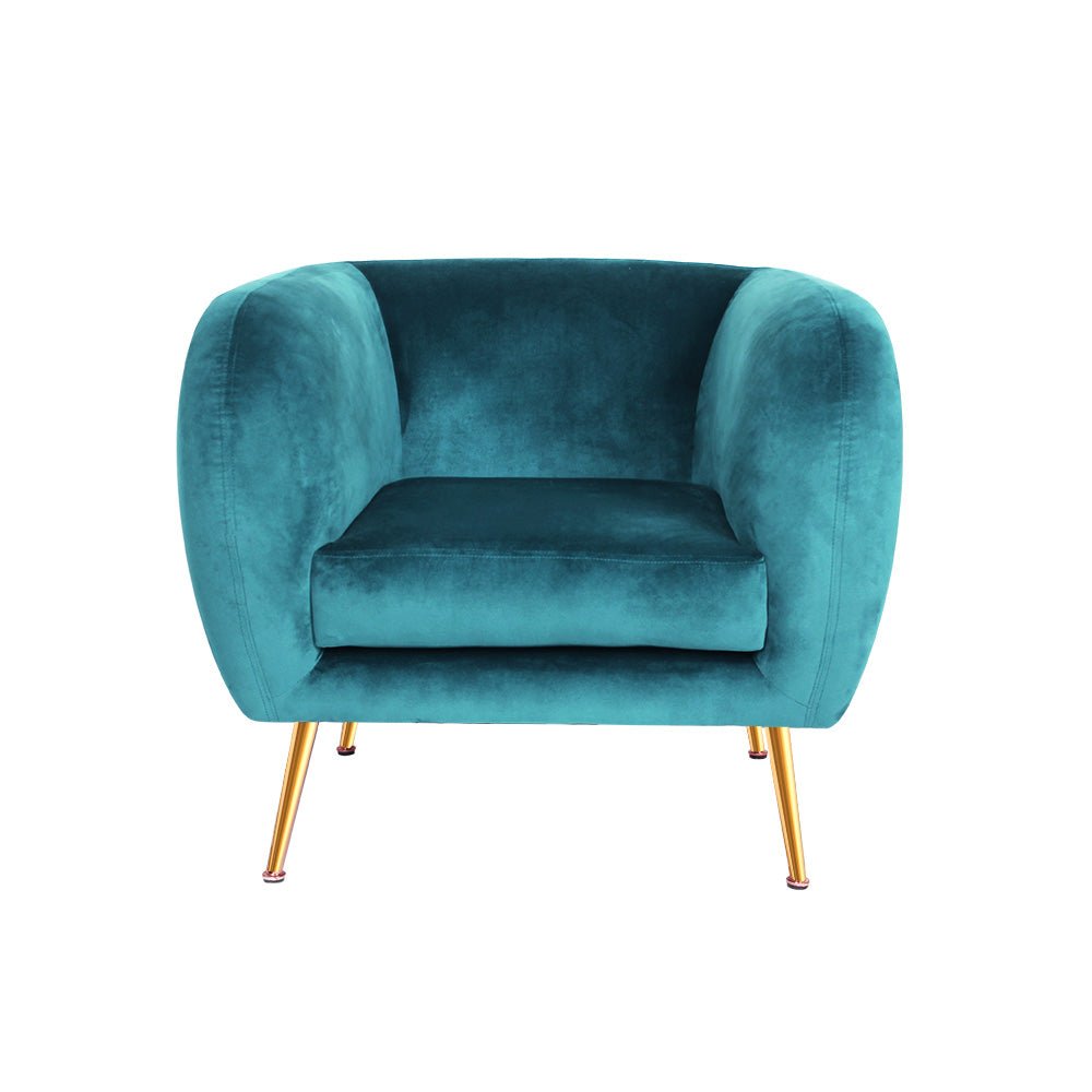 Teal green velvet vintage inspired tub chair with golden legs