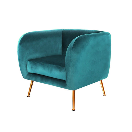 Teal green velvet vintage inspired tub chair with golden legs