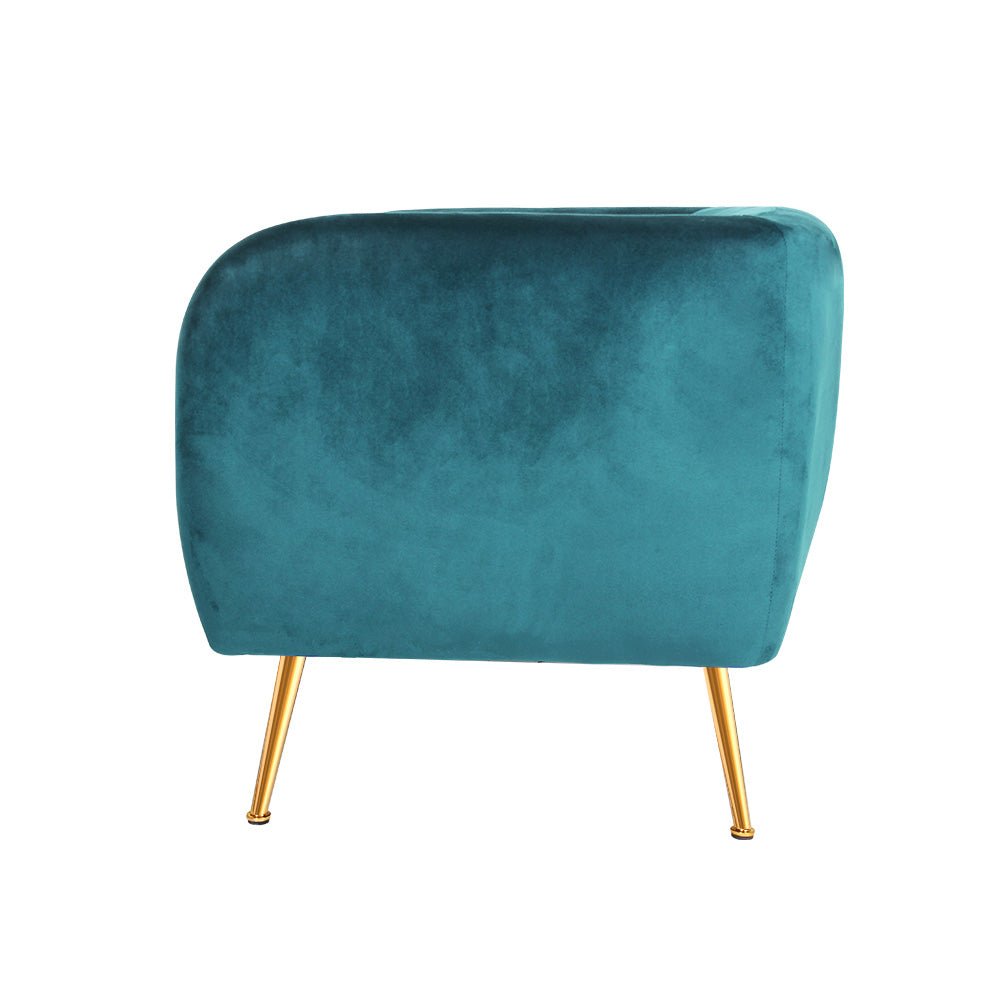 Teal green velvet vintage inspired tub chair with golden legs